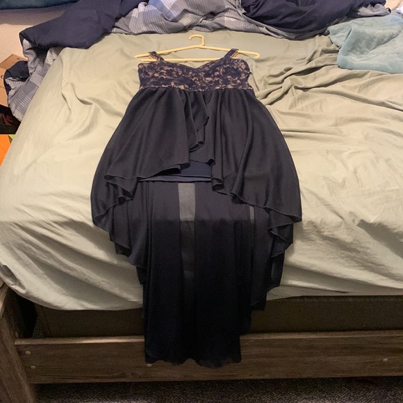 High low dress from prom girl. size 9 altered to a size 6. navy blue and nude - Picture 2 of 6